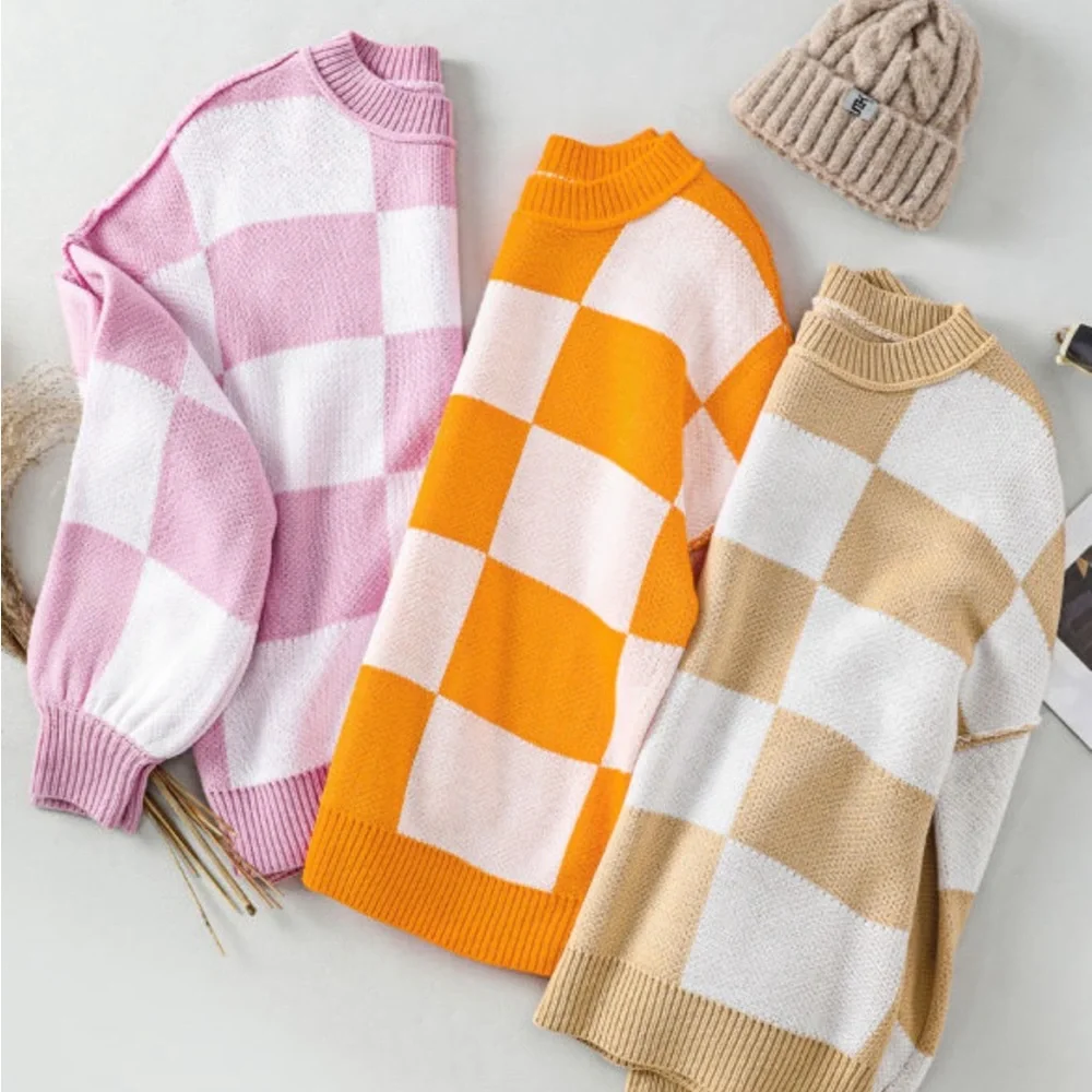 Pink Checkered Bubble Sleeved Crew Neck Knit Sweater - Picture 8 of 11